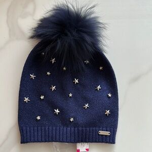 BWT Bari Lynn Star Jewel Fox Fur Pom Pom Navy Beanie with Crystal Beading
